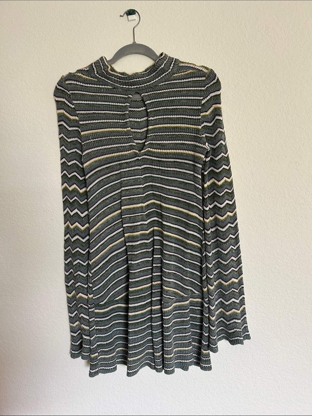 Vintage Free People Olive, White & Gray Chevron Crewneck Sweater Dress